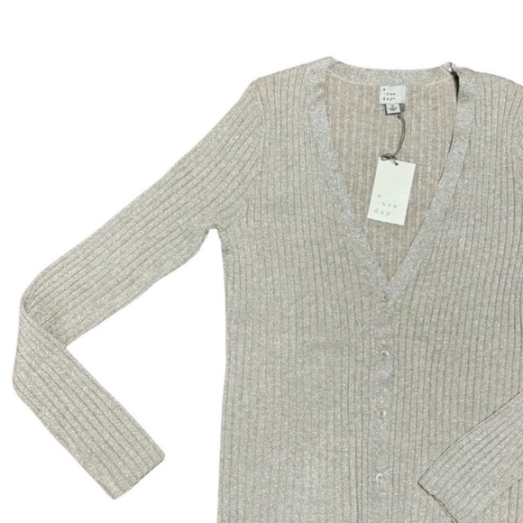 🤎 a new day Light Beige Gold Metallic Ribbed Cardigan Size Large - Picture 5 of 6